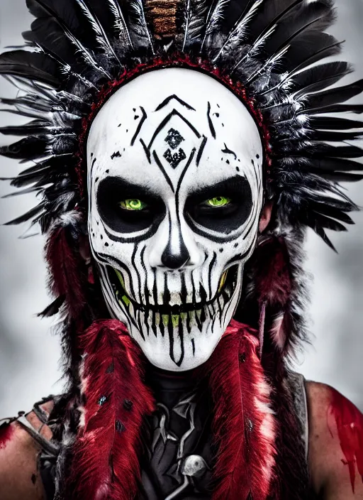 Image similar to the ghost - spirit of the grim - warpaint wears the scarlet skull armor and native blood headdress feathers, midnight fog - mist!, realism, cinematic lighting, various refining methods, micro macro autofocus, ultra definition, award winning photo