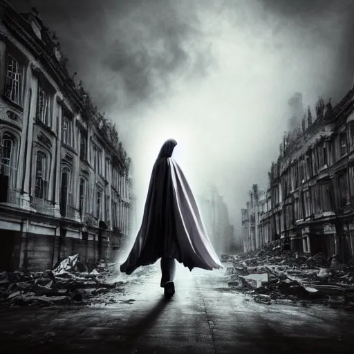 Image similar to ominous bedsheet ghost with cutout eyeholes walking through the center of a destroyed london city, oil painting, gloomy misty atmosphere, symmetrical, full body image, highly ornate intricate details, very sharp photo,