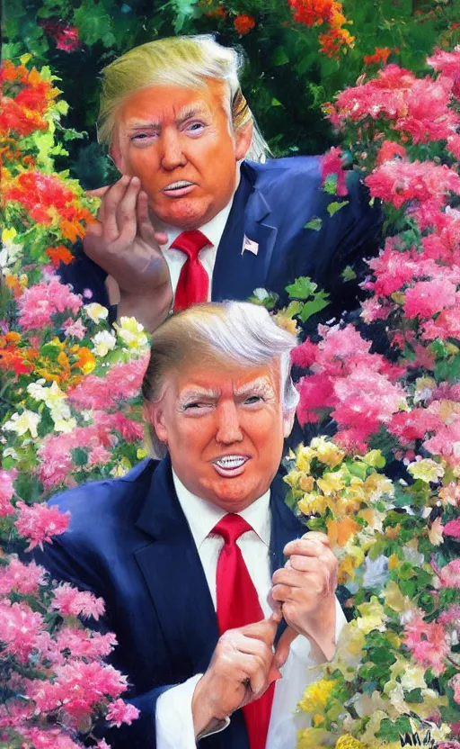 Prompt: romantic photorealistic portrait painting of donald trump surrounded by beautiful flowers, by gregory manchess, james gurney, james jean