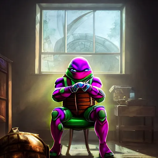 Image similar to a teenage mutant ninja turtle sitting in a chair in his living room with sunlight pouring in through a window, portrait, fantasy, beautiful face, vivid colors, elegant, concept art, sharp focus, digital art, hyper - realistic, 4 k, unreal engine, highly detailed, hd, dramatic lighting by brom, trending on artstation