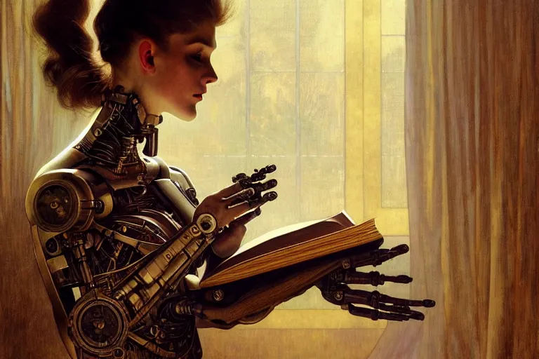 Image similar to a cyborg reading from an old book with a leather cover, intricate, elegant, dramatic lighting, highly detailed, lifelike, photorealistic, digital painting, artstation, concept art, smooth, sharp focus, illustration, art by John Collier and Albert Aublet and Krenz Cushart and Artem Demura and Alphonse Mucha