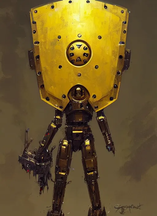 Image similar to human-sized strong intricate yellow pit droid holding paladin medieval shield!!!, pancake short large head painterly humanoid mecha, by Greg Rutkowski