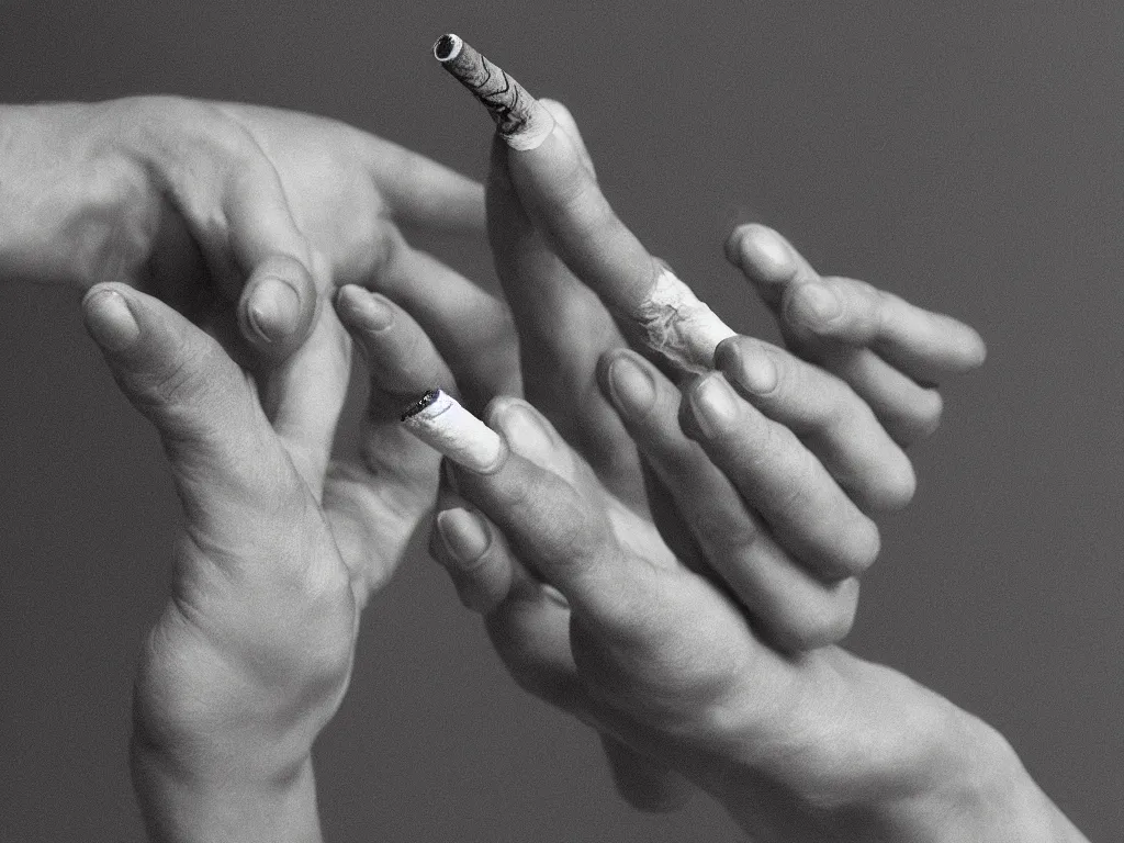 Image similar to Close-up view of hyperrealistic thin soft hand holding cigarette with smoke, by George Marks, hyper realism, 4K