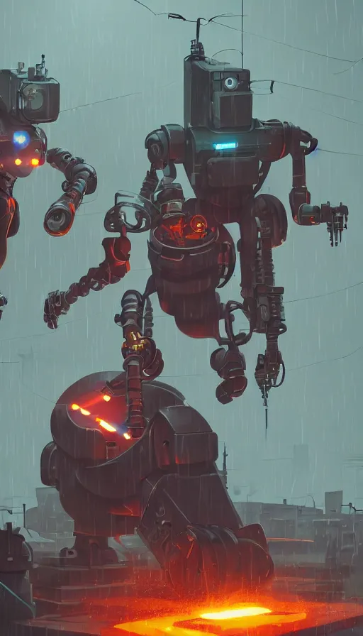 Prompt: a dieselpunk robot duels a cyberpunk robot, raining, sharp focus, james gilleard, cinematic, game art, extremely detailed digital painting