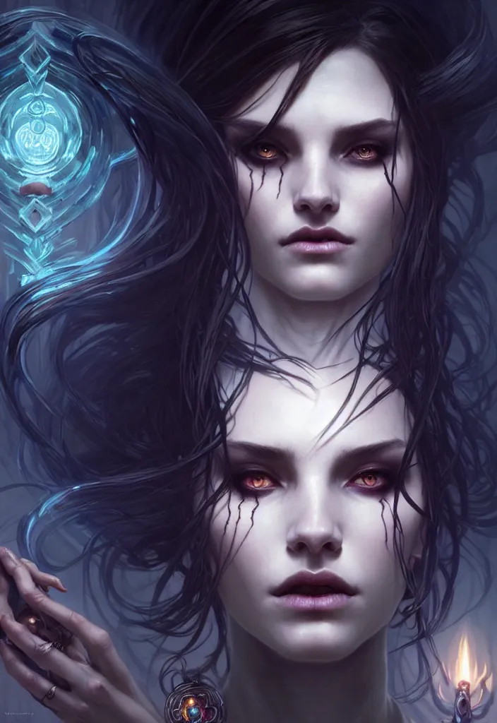 Image similar to Necromancer Sorceress face in center, fantasy magic, undercut hairstyle, dark light night, intricate, elegant, sharp focus, illustration, highly detailed, digital painting, concept art, matte, art by WLOP and Artgerm and Greg Rutkowski and Alphonse Mucha, masterpiece