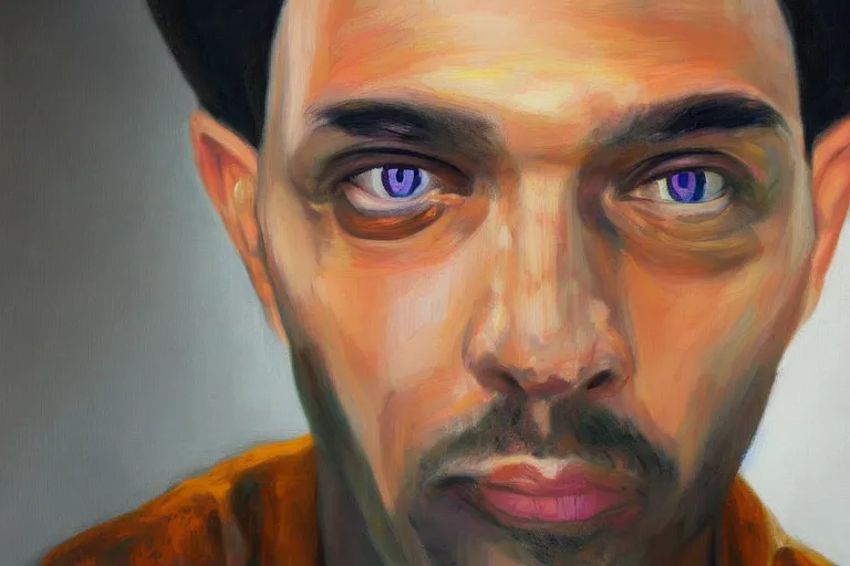 Image similar to frank the ai painter self portrait, detailed eyes, photorealistic