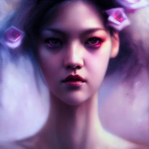 Prompt: rose of blackpink, hyperrealistic portrait, bladerunner street, by karol bak and agnes cecile, fantasy art, photo realistic, dynamic lighting, artstation, poster, volumetric lighting, very detailed face, intricate complexity, rule of thirds, 8 k, award winning