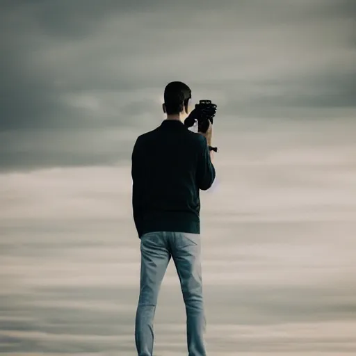 Image similar to stunning commercial self portrait of the photgrapher with his camera, muted colors, beautiful composition, 85mm f1.8