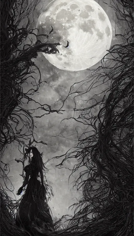 Image similar to book cover art, detailed close-up camera view of a witch in front of the full big moon, dramatic lighting, cinematic, establishing shot, extremely high detail, photo realistic, cinematic lighting, intricate line drawings, by Yoshitaka Amano, Ruan Jia, Kentaro Miura, Artgerm, post processed, concept art, artstation, matte painting, style by eddie mendoza, raphael lacoste, alex ross