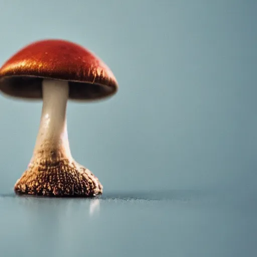 Image similar to macro photo with a mushroom character with cute eyes, drawn in detail