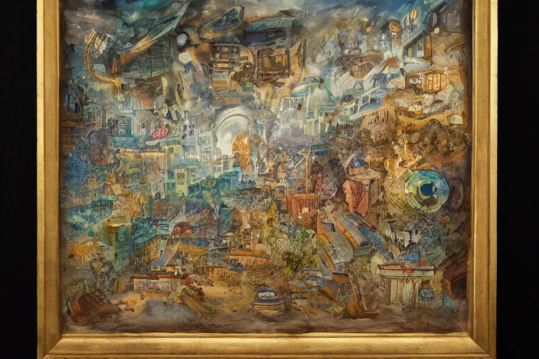 Image similar to an elaborate and dense painting of the future, made of alcohol ink on parchment