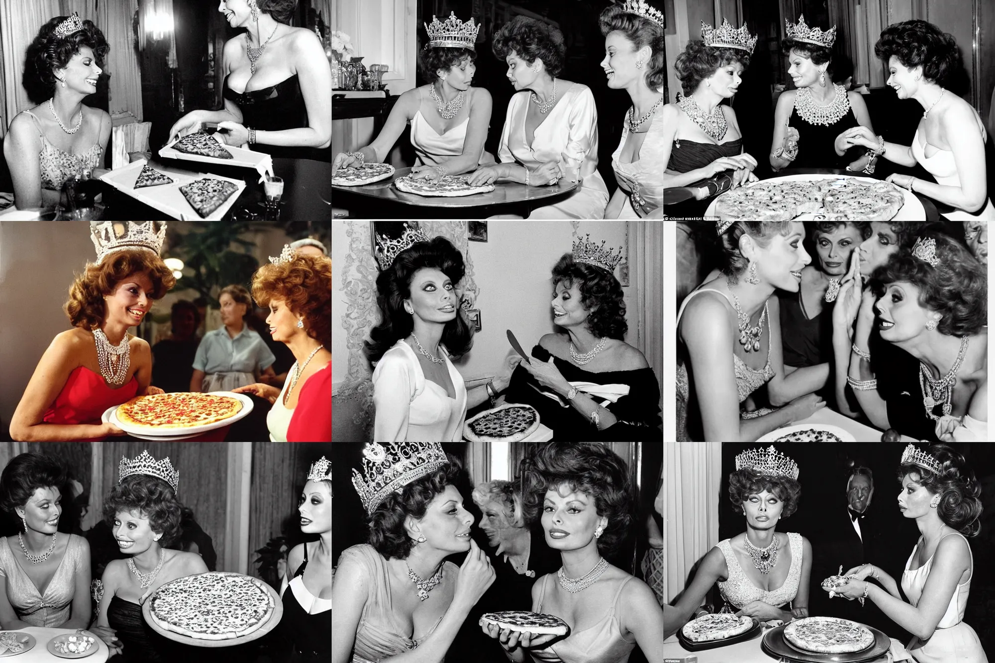 Prompt: young beautiful queen margherita meets sophia loren for a pizza. the queen has intricate tiara and pearl necklace. smooth lighting, masterpiece, timeless, genious composition