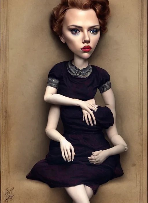 Prompt: scarlett johansson as a mark ryden doll, detailed digital art, trending on Artstation