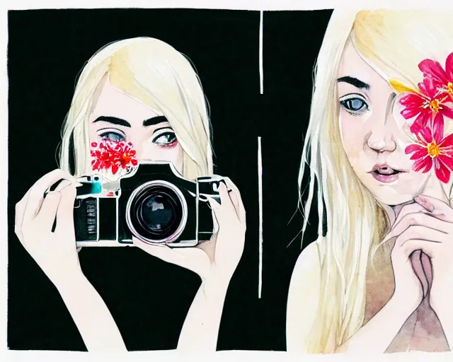 Image similar to pale young woman with bright blonde hair, freckles, big bright eyes and a very wide face, flowery dress, she is holding a professional dslr camera close to her face with her hands, expressive, surrealism, emotional bright watercolor art on white background by conrad roset