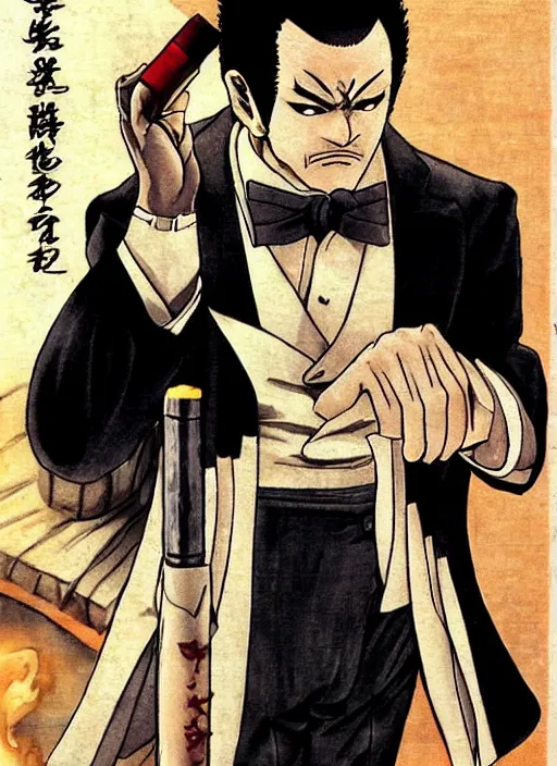 Image similar to heihachi!!!!!!! mishima dressed formally, with cigar, by keisuke itagaki, manga, tekken