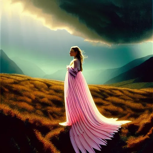 Image similar to royalty angel, big wings, argentina, natalie portman, hudson river school, max rive, full plate armor, f 1 6, bokeh, gentle, female, snowy mountain, storm clouds, god rays, close up portrait, d & d, fantasy, elegant, teal pink white gold color palette, concept art, roger deakins and greg rutkowski and alphonse mucha