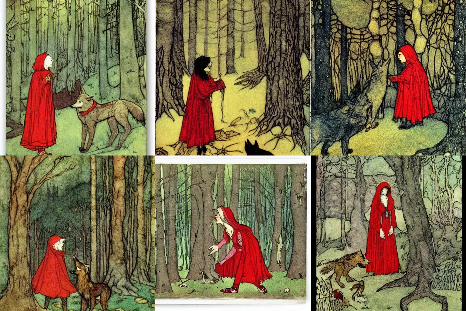 Prompt: Little Red Riding Hood meets the wolf in a forest by Edmund Dulac