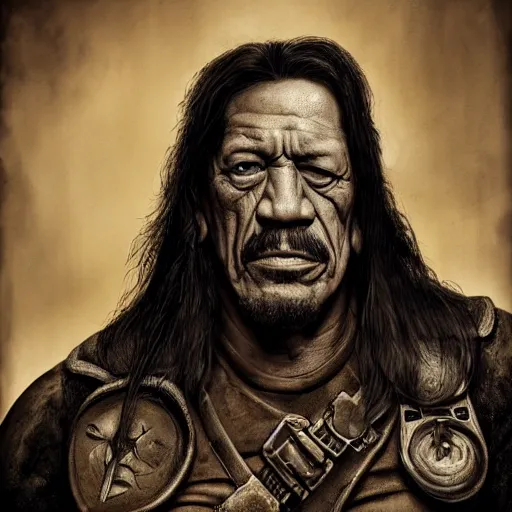 Image similar to Portrait of Danny Trejo, realistic character concept, warhammer fantasy, dark and gritty atmosphere, golden ratio, cinematic lighting, hyperdetailed, high resolution, insanely detailed and intricate, Oscar Soler, trending on artstation