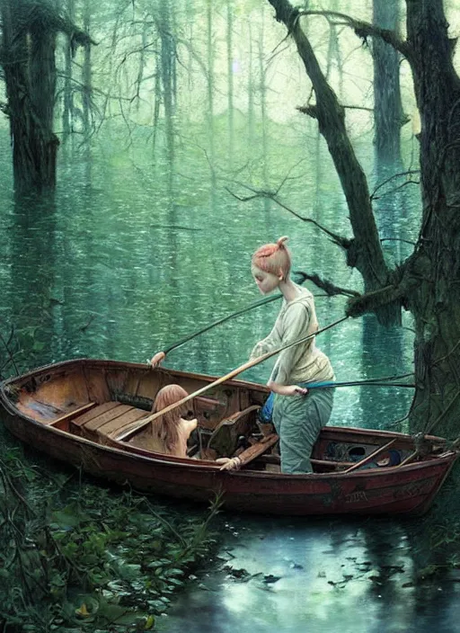 Image similar to boat in the woods by a river gorgeous lighting, lush forest foliage blue sky a hyper realistic painting by chiara bautista and beksinski and norman rockwell and greg rutkowski, tom bagshaw weta studio, and lucasfilm