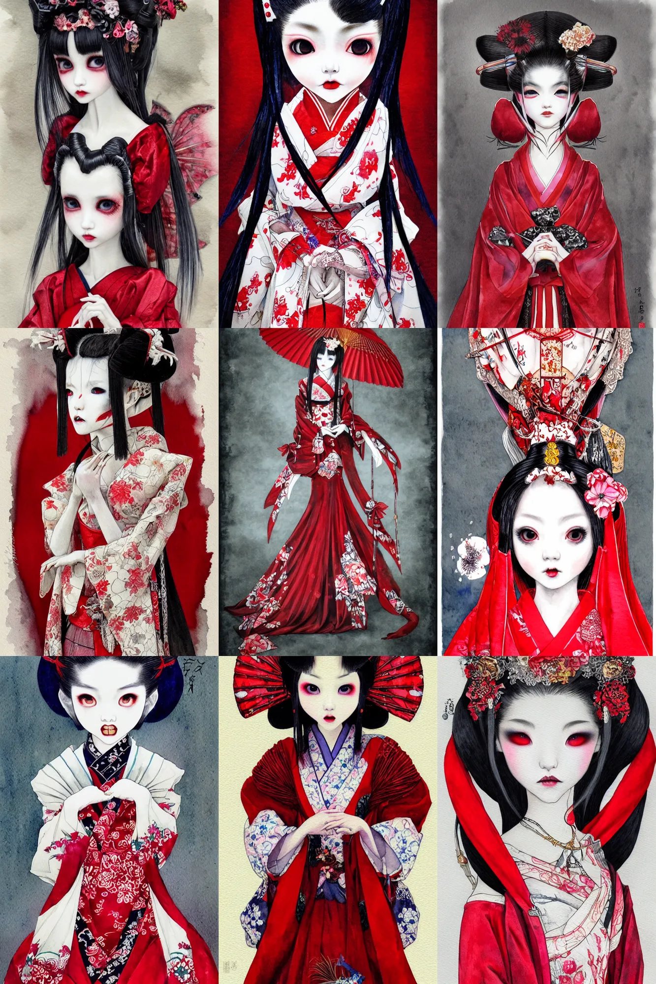 Prompt: watercolor painting of a japanese bjd geisha vampire queen with a long neck in a victorian lolita fashion red dress in the style of dark - fantasy in the style of nekro, photorealistic, dmt art, symmetrical vogue face portrait, intricate detail, artstation, cgsociety, artgerm, rococo