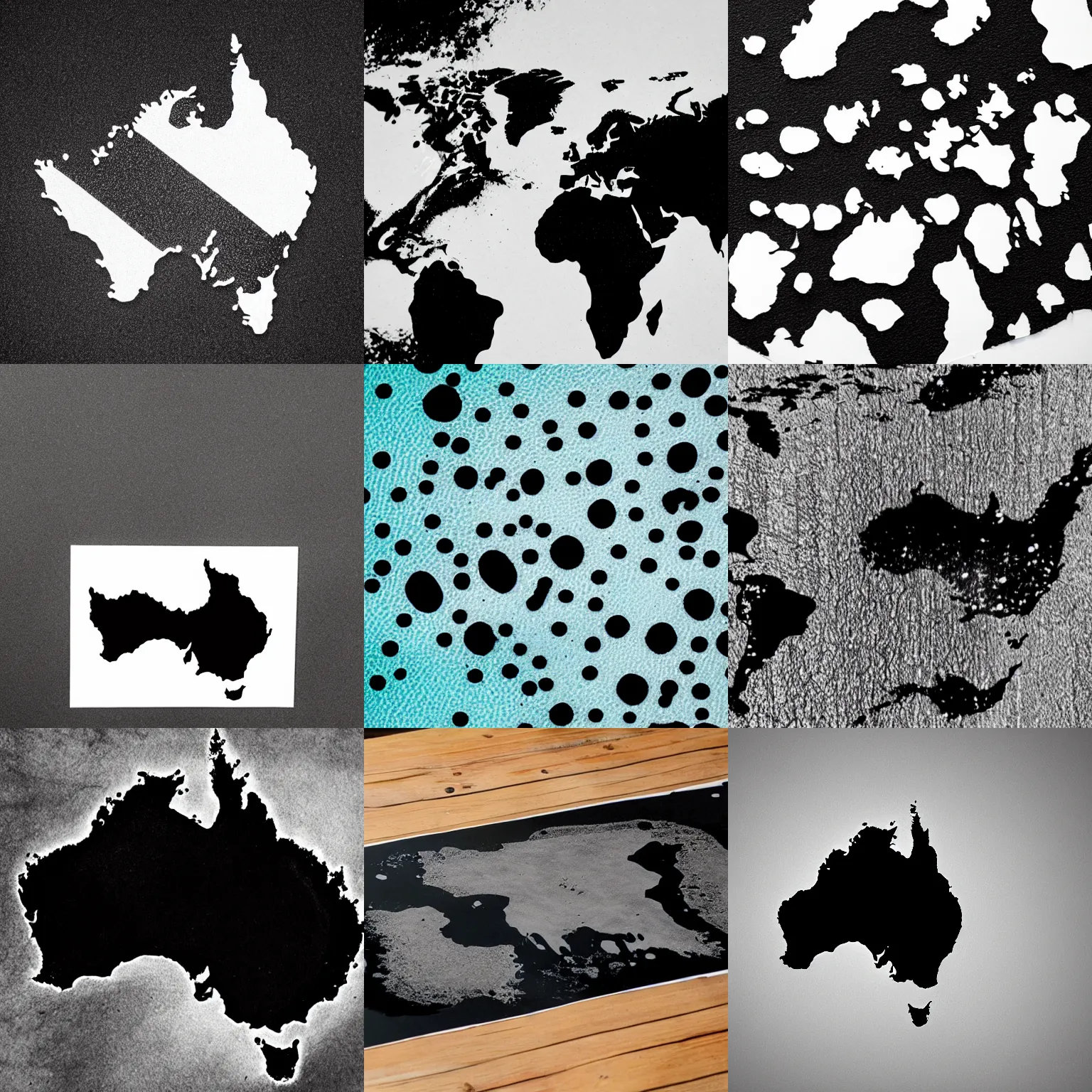 Prompt: photograph of a pool of black liquid ink atop paper in the shape of australia