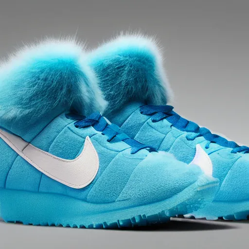 Prompt: nike shoe made of very fluffy cyan faux fur placed on reflective surface, professional advertising, overhead lighting, heavy detail, realistic by nate vanhook, mark miner