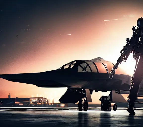 Image similar to fighter pilot stands beside futuristic sci fi fighter jet landed at runway of cyberpunk city, night photo ,dark cinematic lighting , digital concept art