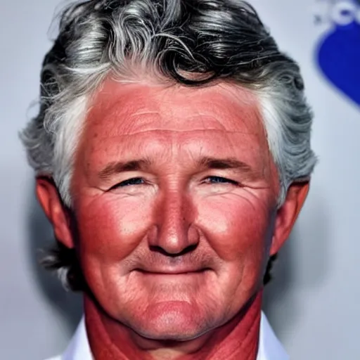 Image similar to patrick duffy, he has very long length straight grey hair, wearing a white shirt