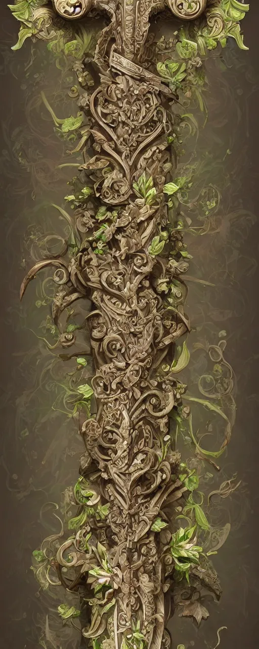 Prompt: beautiful fantasy giant sword carved with decorative ornament, acanthus scrolls, lilies, ivy, energy, geometry, bones, petals, stems, ceremonial clouds, dripping paint, fibonacci rhythm, artstation, artgerm, wlop, symmetric ornaments