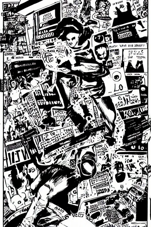 Prompt: scan of of an underground zine, 1 9 8 0 s, black and white, diy, comic art, underground, punk, typography, composition