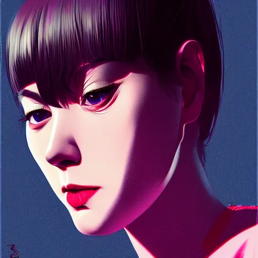 Image similar to bored actress with low eyes and dark circles. underground box office hit, comedy and seventies italian horror movie, unreal engine, intricate, ultra detailed 8 k, ambient occlusion, best, cool, extremely beautiful and aesthetic shape of face and neck, art by hiroaki samura and ilya kuvshinov and rossdraws andy warhol