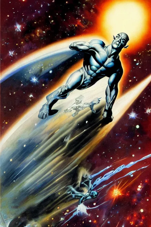 Image similar to Silver Surfer flying through space, by Frank Frazetta