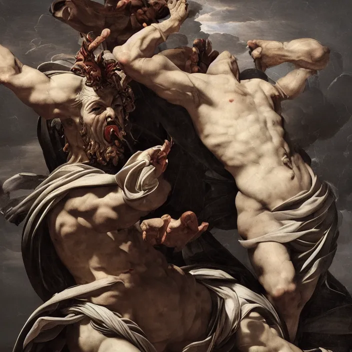 Prompt: war of the gods, dark undertones, baroque element. intricate artwork by caravaggio. trending on artstation, octane render, cinematic lighting, hyper realism, 8 k, depth of field, 3 d