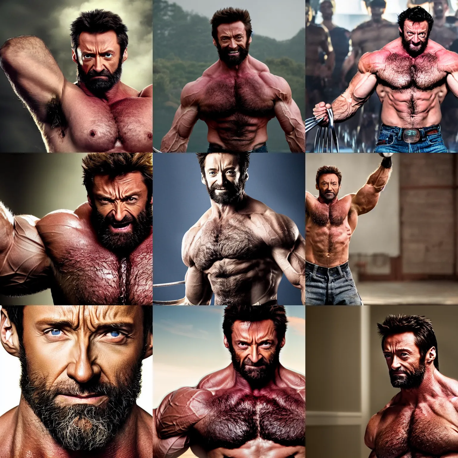 Prompt: hugh jackman as a big burly padded strongman wolverine, 4 k hd