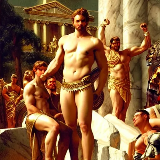 Image similar to hercules watches achilles while they wait in line to worship at zeus'feet, throne of olympus, heavenly marble, gods and goddesses in elegant clothes, painting by gaston bussiere, craig mullins, j. c. leyendecker, tom of finland