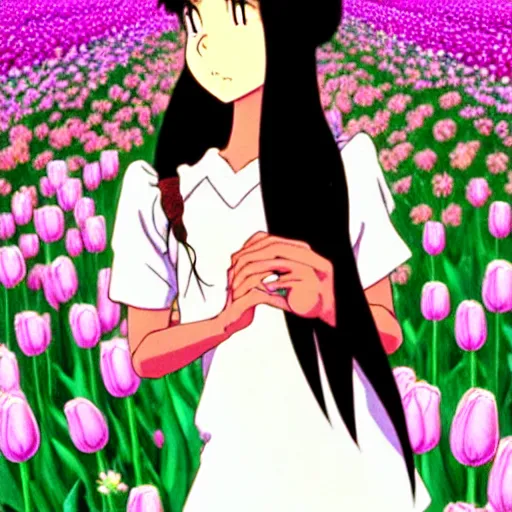 Image similar to beautiful dark skin mexican woman, dancing in a field of tulips and baby's breath, septum piercing and nose ring, prominent cheek bones, black hair and brown eyes, studio ghibli art style, art by hayao miyazaki, makoto shinkai