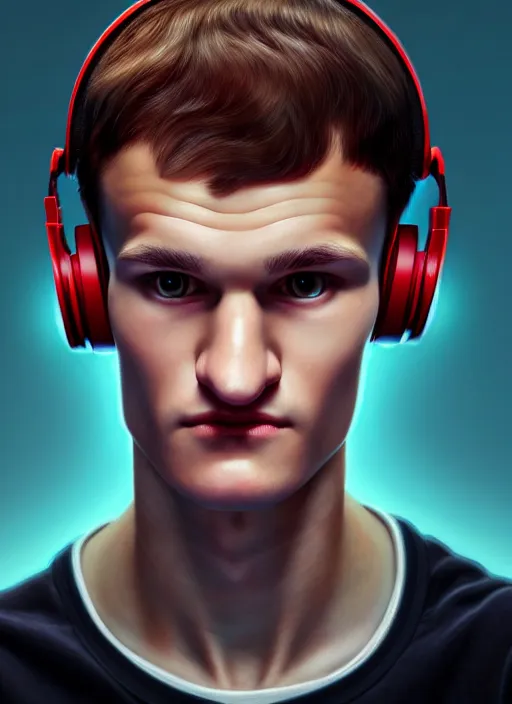 Image similar to portrait of vitalik buterin with hazel eyes, hazel colored eyes, red shirt, headphones, intricate, elegant, glowing lights, highly detailed, digital painting, artstation, concept art, smooth, sharp focus, illustration, art by wlop, mars ravelo and greg rutkowski