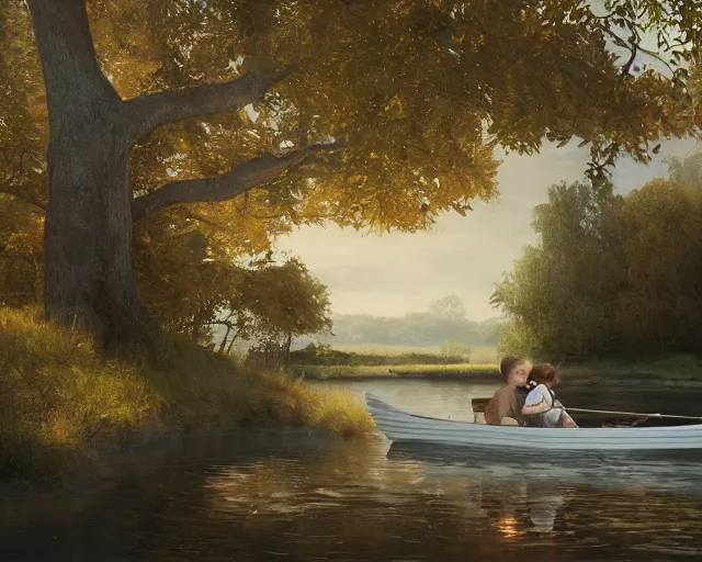 Image similar to a boy and a girl with long flowing auburn hair sitting together on the rowboat. Boy has black short hair, boy has black short hair. Atmospheric lighting, long shot, romantic, boy and girl are the focus, trees, river. Oil Painting, Trending on Artstation, octane render, Insanely Detailed, 8k, HD