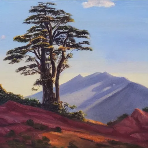 Image similar to A huge mountain with a giant tree on the top, view from far away, oil painting,