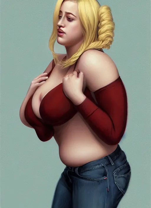 Image similar to full body portrait, teenage lili reinhart, blonde hair, obese, bangs, ponytail, sultry, realistic, sultry smirk, fluffy bangs, curly bangs, fat, belly, intricate, elegant, highly detailed, digital painting, artstation, concept art, smooth, sharp focus, illustration, art by wlop, mars ravelo and greg rutkowski