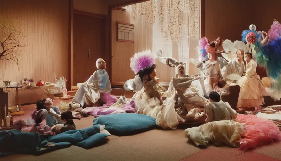 Prompt: movie still by alejandro jodorowsky of a beautiful day in a family living room in kyoto japan, visible magic energy, dream creature costumes, floating planets, fish, parade floats, cinestill 8 0 0 t eastmancolor technicolor, high quality, very detailed, heavy grain, fine facial features, 8 k, octane render