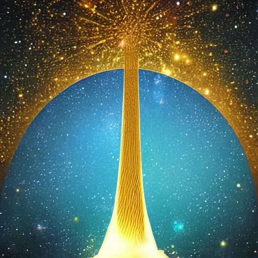 Image similar to an infinitely tall golden tower from a secret dimension looms in the background surrounded by deep black magical water filled with countless galaxies