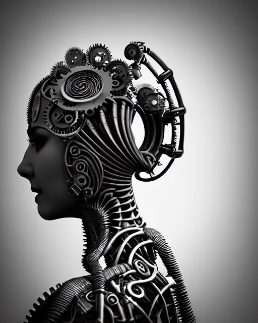 Image similar to mythical black and white organic bio-mechanical spinal ribbed profile face portrait detail of mechanical beautiful female angelic-vegetal-cyborg, highly detailed, intricate steampunk ornate, poetic, 3D render, digital art, octane render, 8K artistic photography, photo-realistic, by Dora Maar