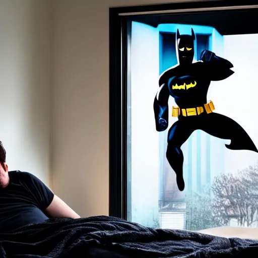 Prompt: man sleeping in bed with batman lurking menacingly in the window