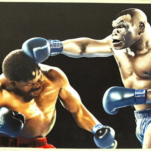Prompt: mike tyson fighting a gorilla in a boxing ring