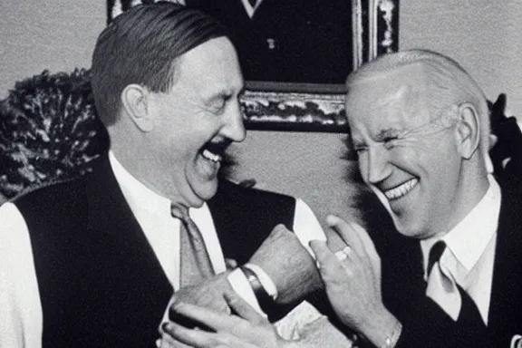 Image similar to “ very very intricate photorealistic photo of hitler and joe biden laughing together, detailed natural lighting, award - winning crisp details ”