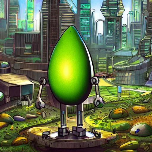 Image similar to an avocado robot in a future city, highly detailed, fantasy art