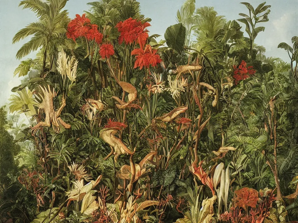 Image similar to tyrannosaurus rex, tropical plants in background, botanical, large exotic flowers, biology, painted by john audubon