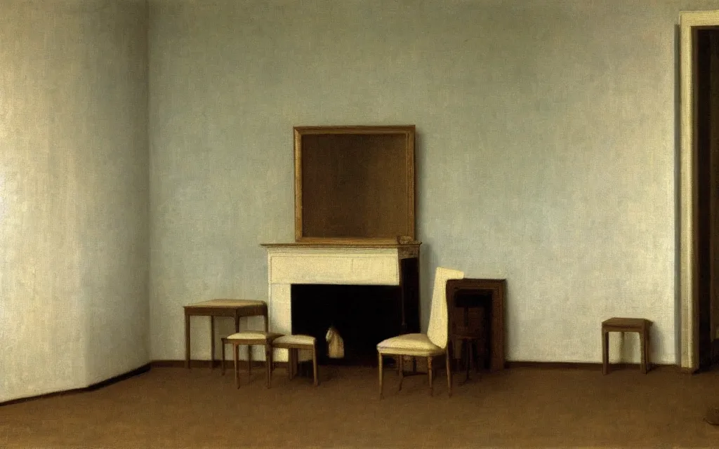 Prompt: a painting of a quiet room in spring, oil on canvas, by hammershoi