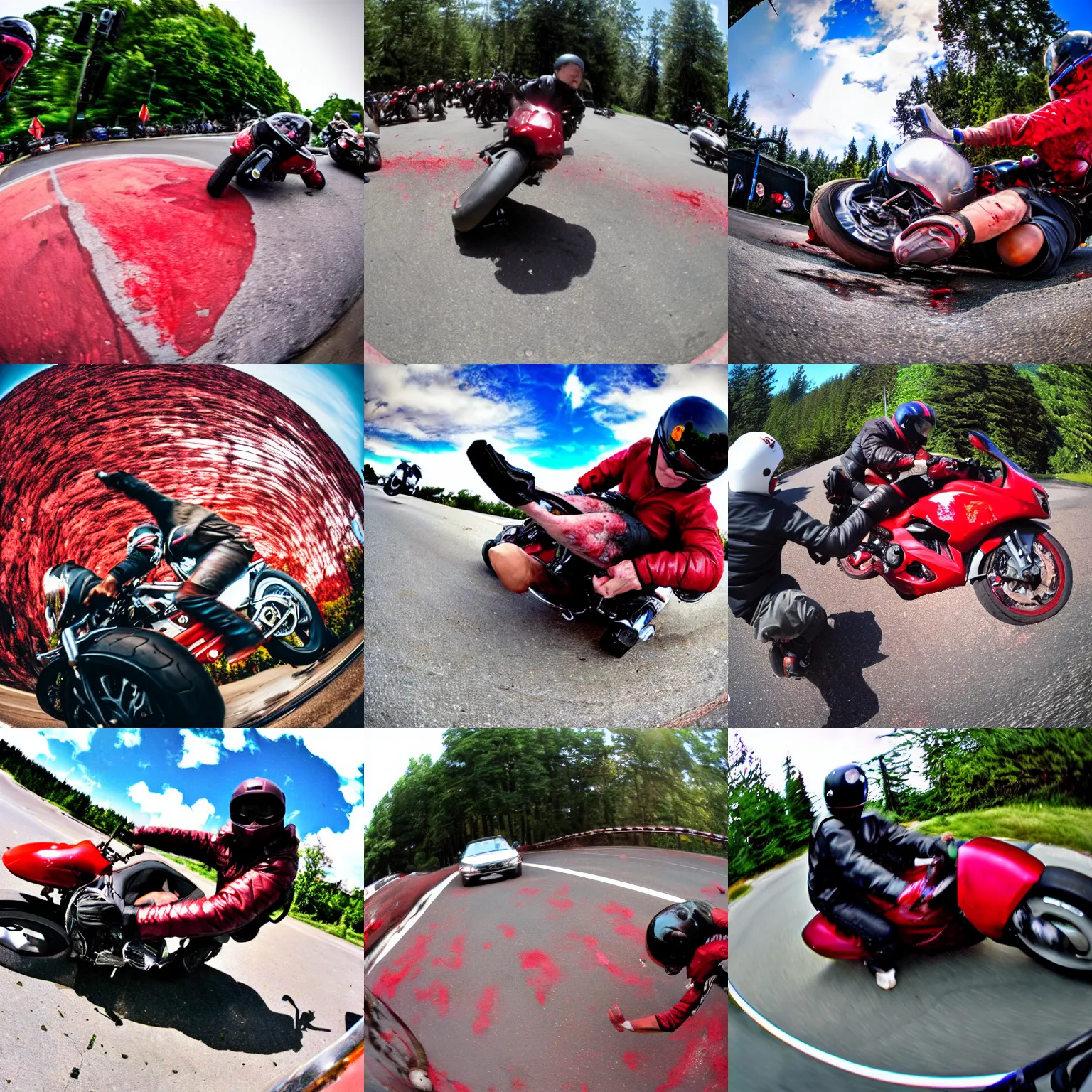 Prompt: fisheye lens photo of getting mangled by a motorcycle, blood and bone, red meat shreds